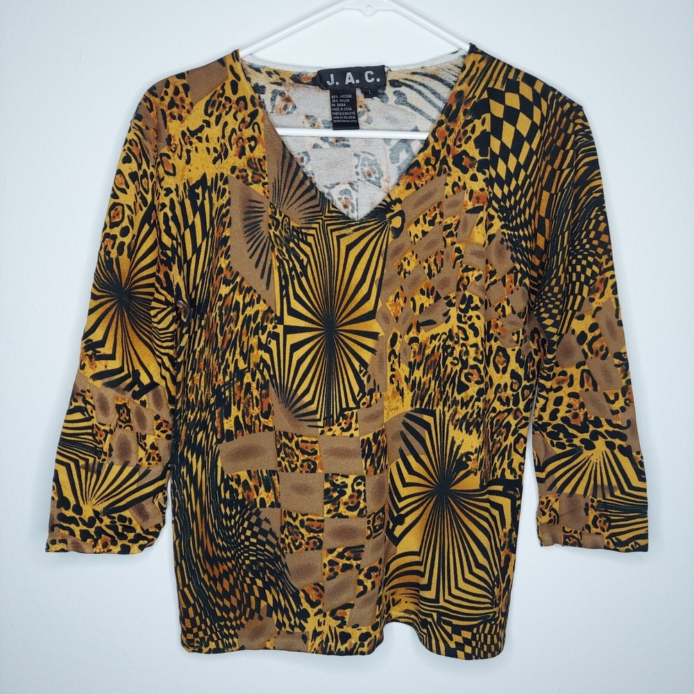 JAC Vintage Y2K Top Women Large Brown Geometric Animal Stretch Knit 3/4‎ V-Neck